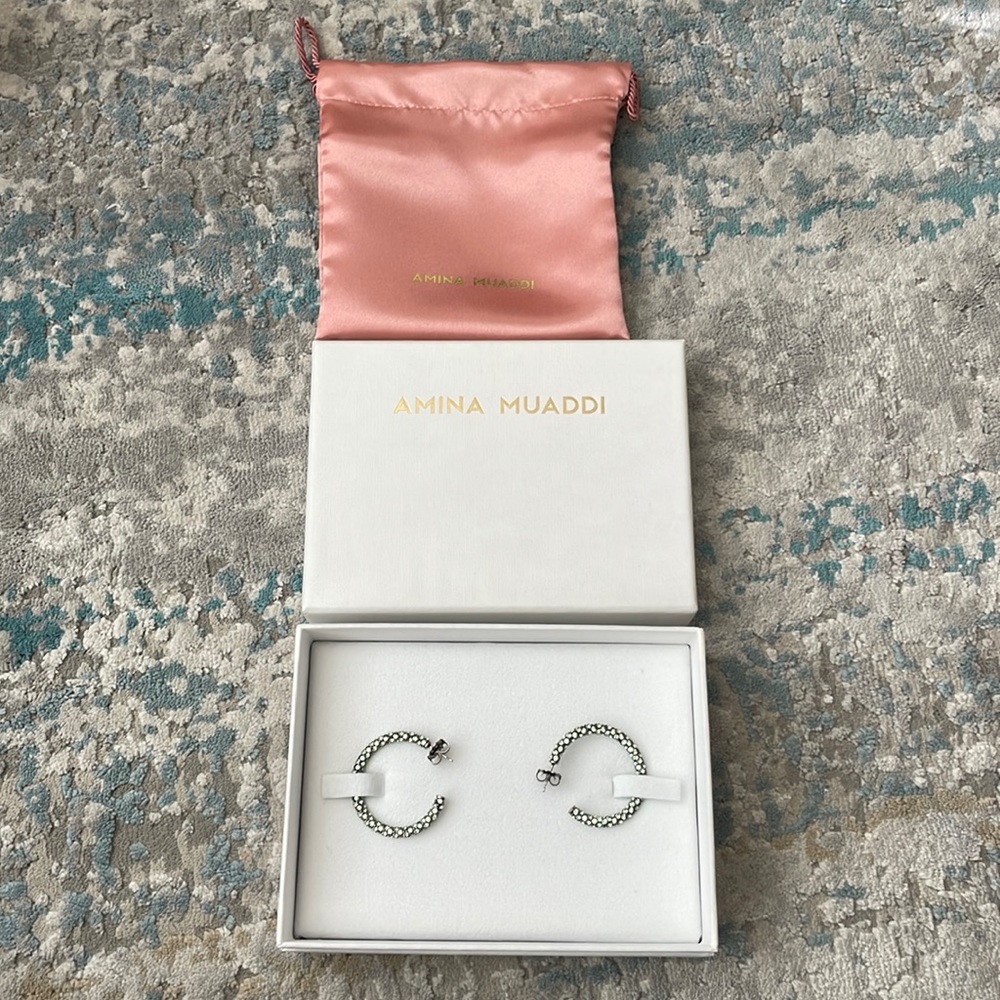 New in box Amina Muaddi Small Cameron Hoop Earrings CHRYSOLITE CRYSTALS ANTIQUE